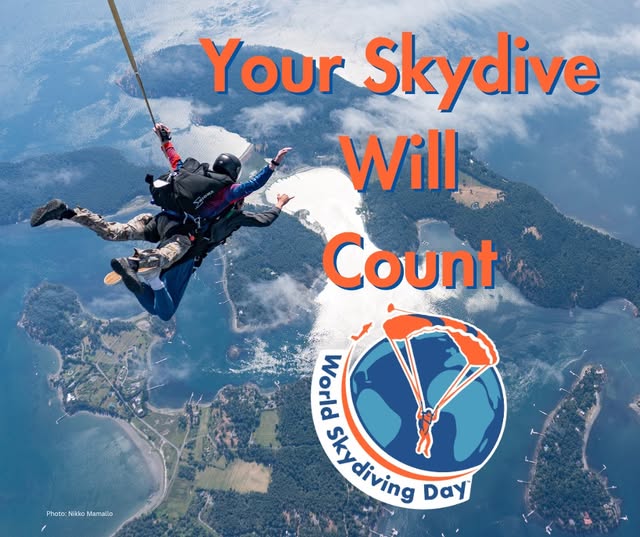Tandem skydivers in freefall above a coastline, with the words Your Skydive Will Count and the World Skydiving Day badge